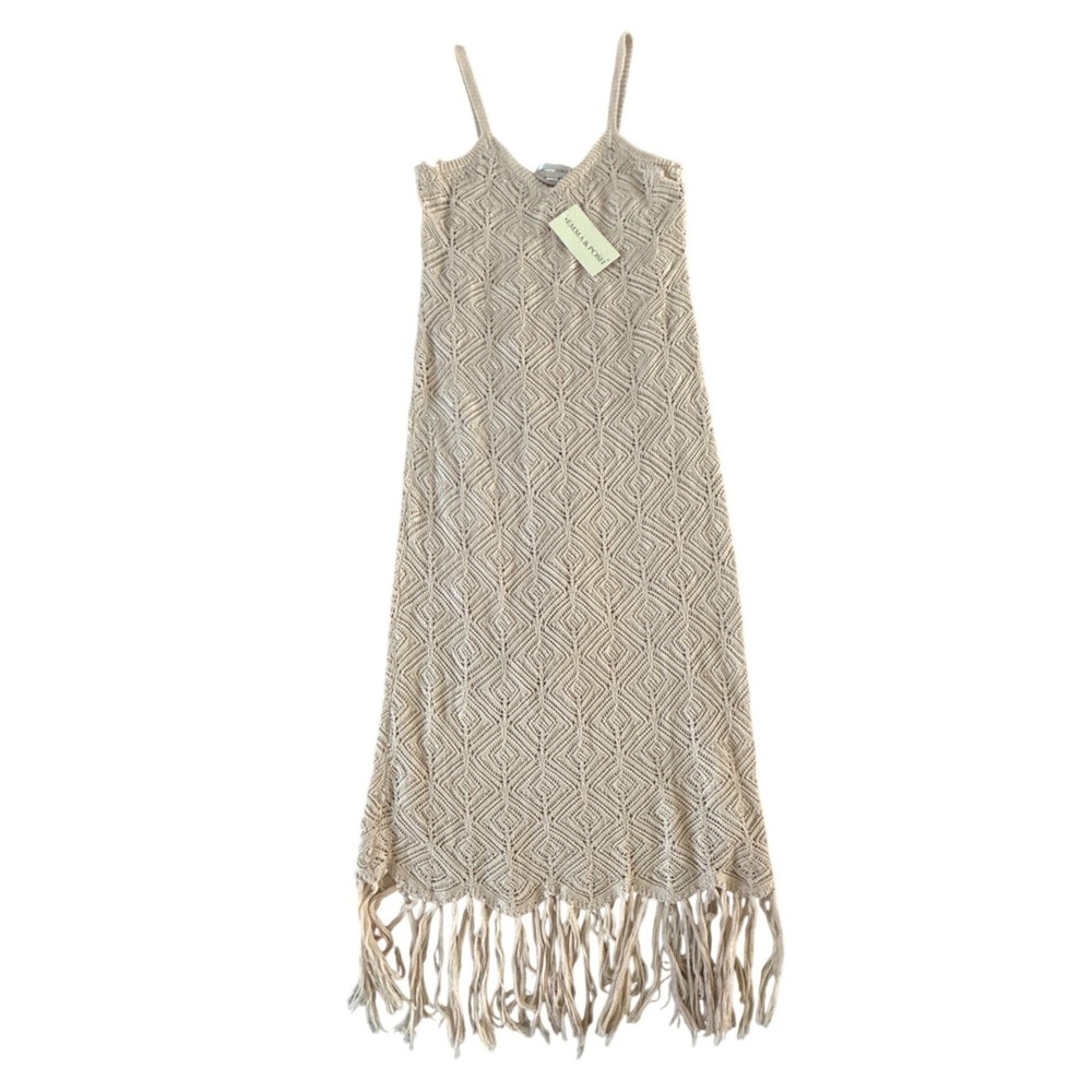 Emma & Posh Tan Crochet Fringe Midi Dress Boho‎ Geometric Knit Beige Medium NWT